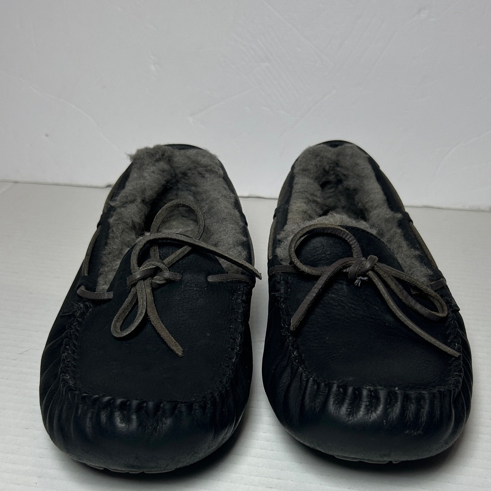 UGG Men's Black Leather Slip-Ons with Gray Lining